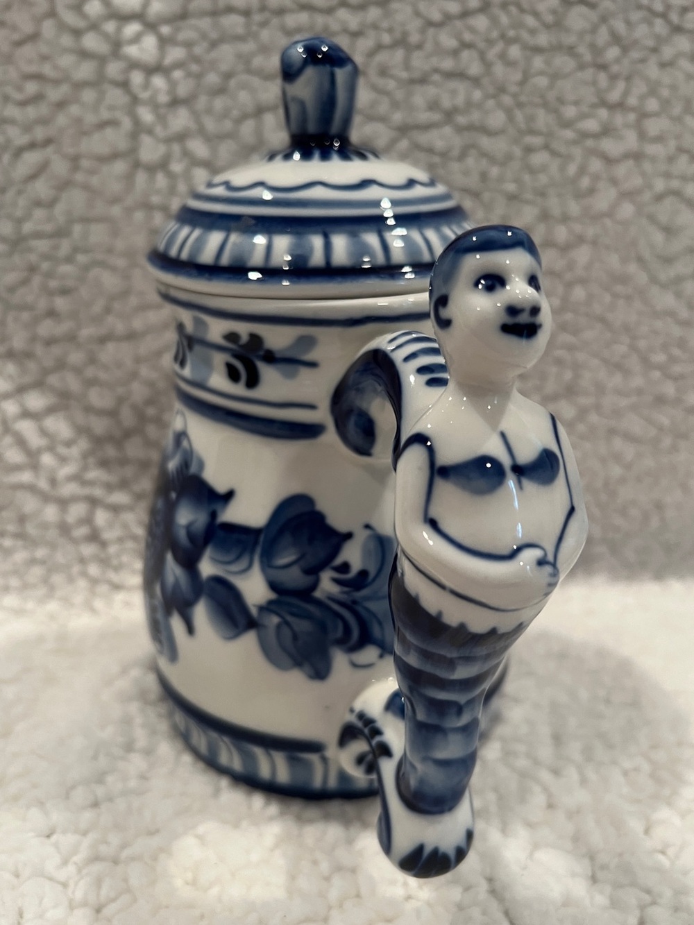 Gzhel Blue & White Porcelain Mug w/sea creature Handle, Made in Russia
